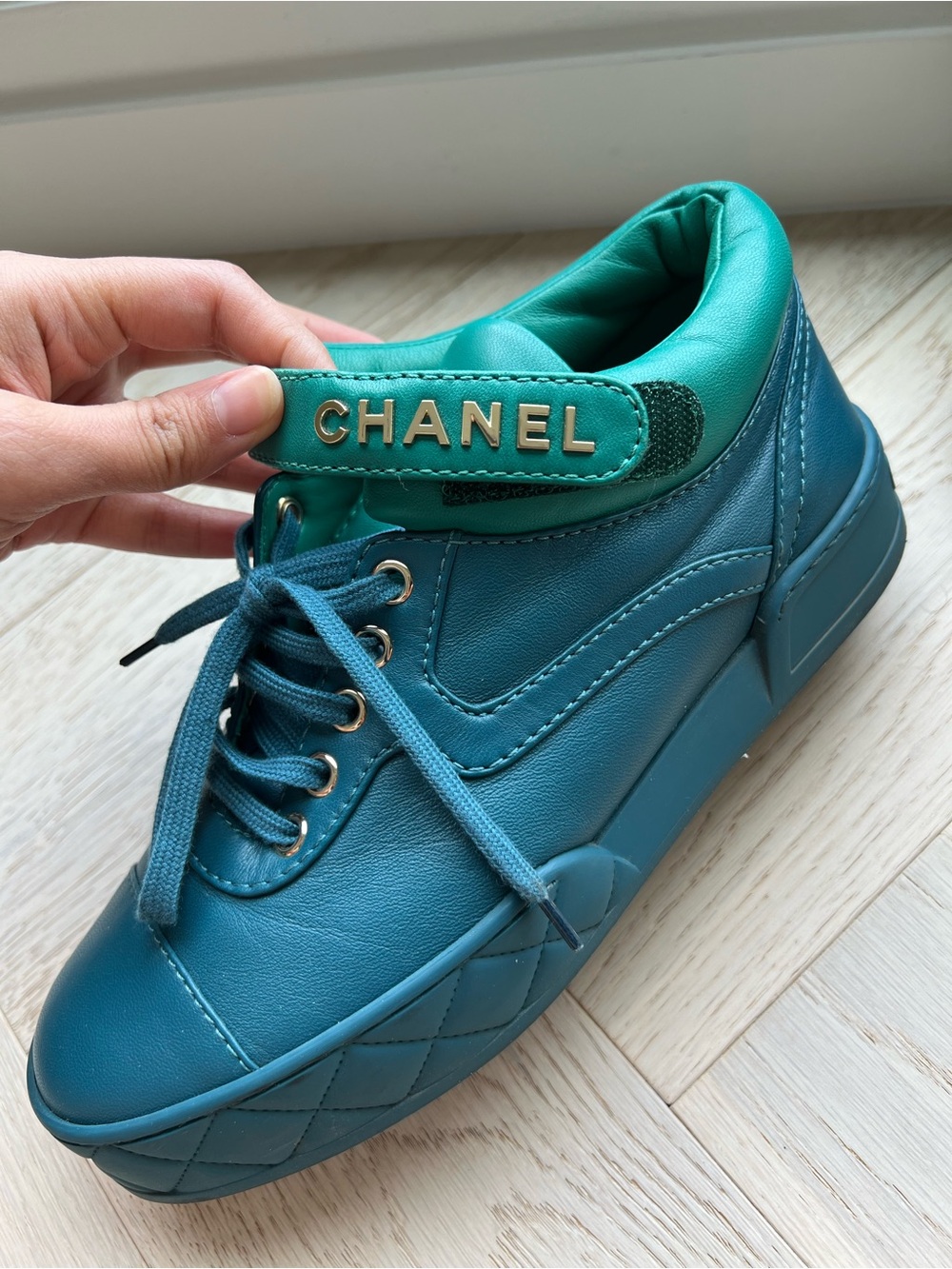 Chanel Teal Leather Sneakers